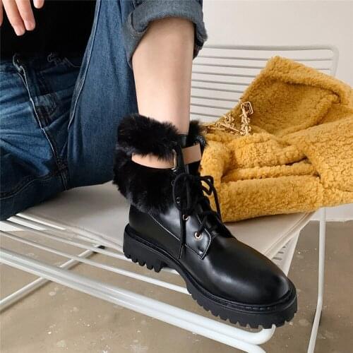 Women fur PU leather ankle boots Lace-Up chunky heels platform warm plush lining winter booties young shoes Footwear Size 33-43