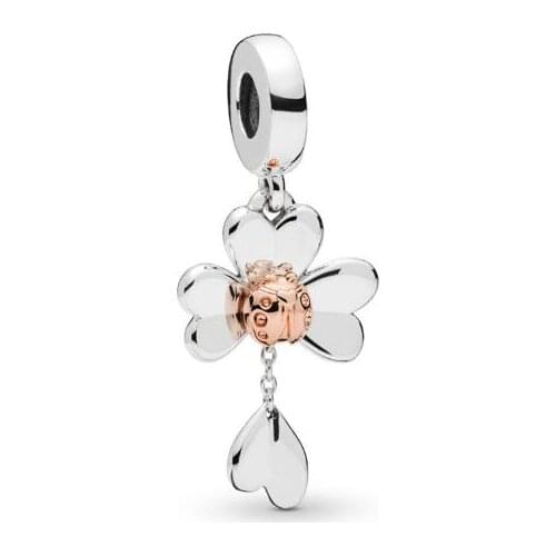 Genuine 925 Sterling Silver Charm Rose & Silver Clover & Ladybird Charm Beads Fit Pan Bracelet & Necklace Diy Jewelry