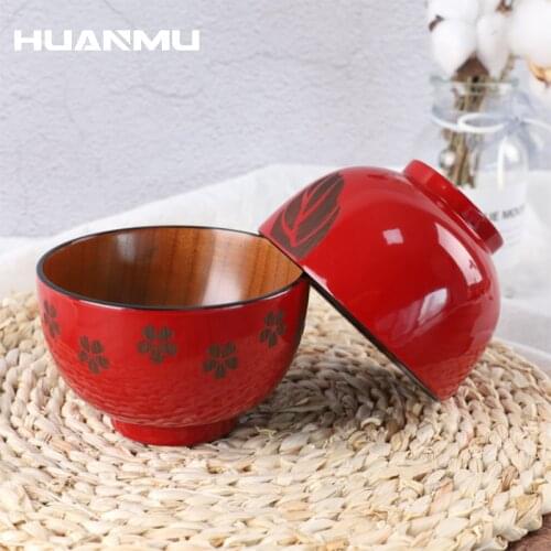 Japanese Style Red Jujube Wooden Bowl Natural Rice Bowl Soup Cherry Blossom Leaf Print Wooden Tableware Kitchen Utensil Crafts