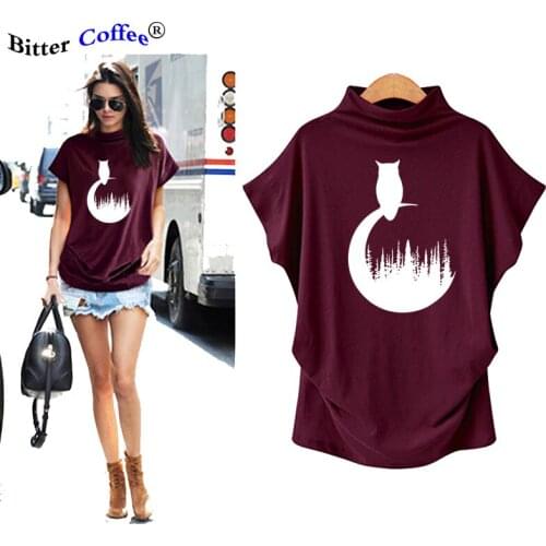 NEW Owl Printed T-shirts Women Clothing Summer Cute Shirt Graphic Women Fashion Turtleneck Batwing Sleeve Tshirt Woman Casual