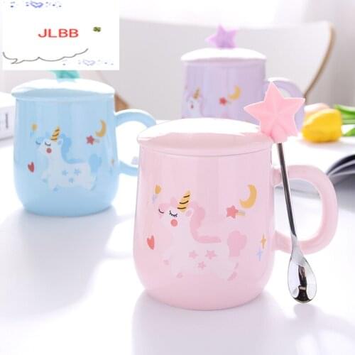 Cartoon Unicorn Coffee Mug with Lid and 3D Star Spoon Pink Coffee Milk Tea Cup Creative Gift for Girls
