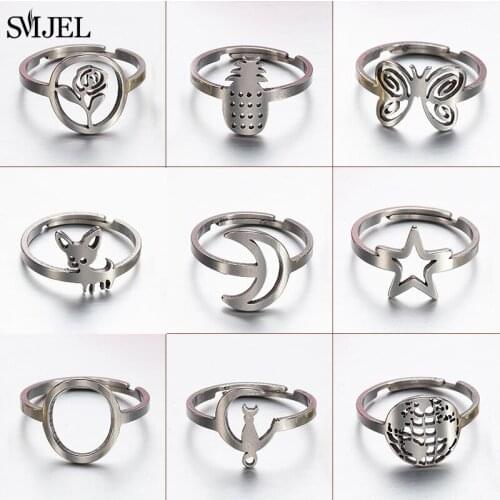 Round Shape Flower Ring Women Girls Stainless Steel Romantic Moon Cat Map Pineapple Heart Casual Rings Jewelry Anniversary Gift