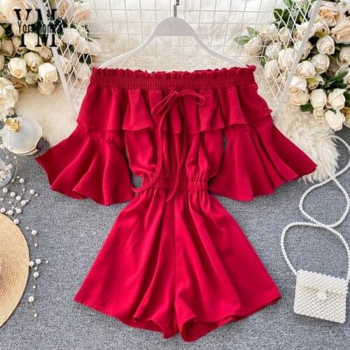 YornMona Women Summer Shorts Jumpsuit Ins Fashion Off Shoulder Ruffle Wide Leg Rompers Female Solid Beach Vacation Bodysuit Pant
