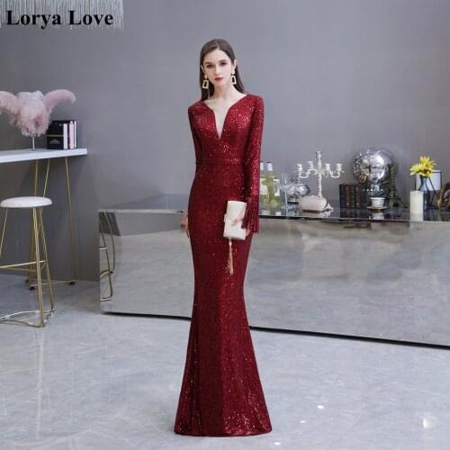 Wine Red Mermaid Shiny Sequined Evening Dresses 2020 Women Elegant Tassel Long Sleeves Formal Party Prom Gowns vestido de festa