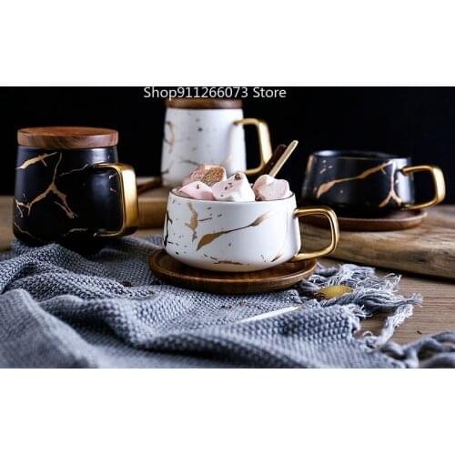 Marble matte gold coffee cup Japanese black and white gold ceramic teacrub mug with wooden plate dish coffee cup