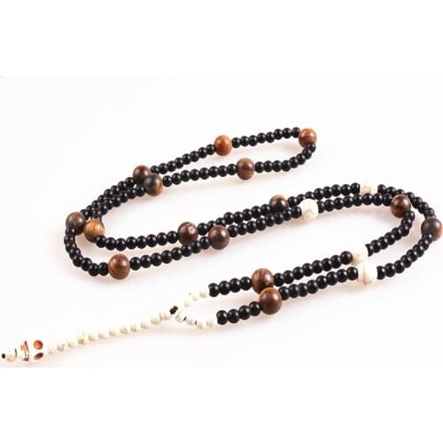 New handmade Skull Beda & 8mm Brown Stones Beads Mens Long Necklace Fashion Jewelry