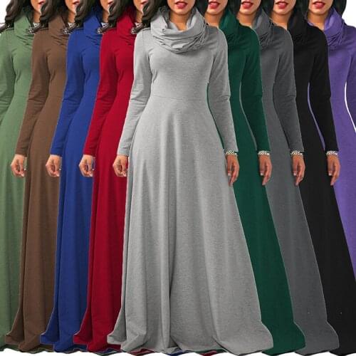 Adogirl Casual Solid Vintage Maxi Turtleneck Long Sleeve Dress Winter Long Elegant Dress Cotton Vestidos Female Body