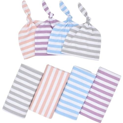 Rainbow Stripe Baby Swaddling Blanket Cap Cotton Baby Receiving Blanket and Hat Bedding Sleeping Bag for Newborn Babies Infants