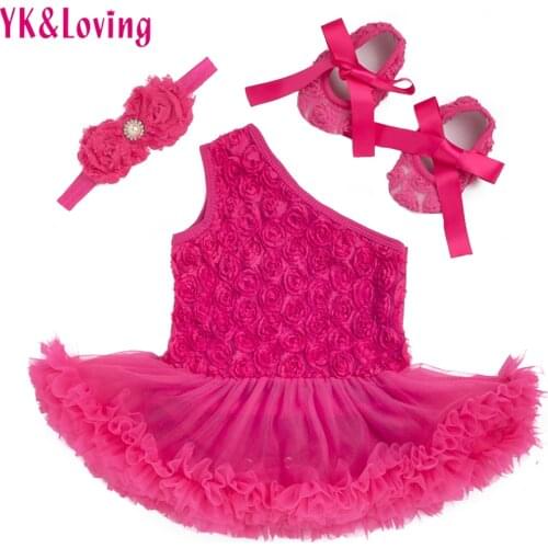 Rose Princess baby Dress Baby Girl Rompers Dresses 3pcs Clothing Sets Newborn Infant One Shoulder Clothes with Shoes Z203