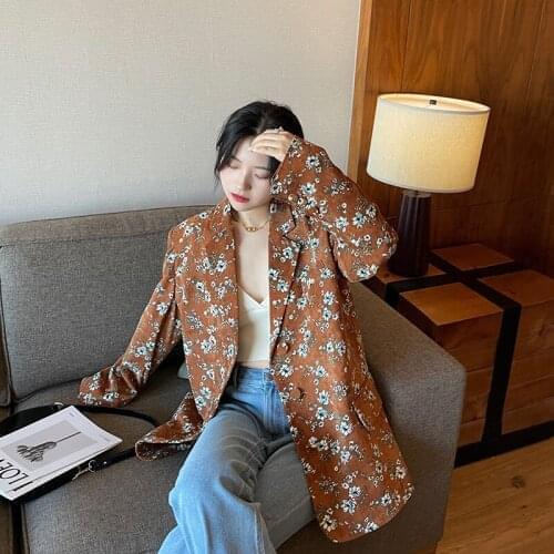 Vintage Brown Corduroy Floral Print Blazer Jacket Spring Fall New 2021 Korean Casual Loose Single-breasted Oversized Suit Jacket