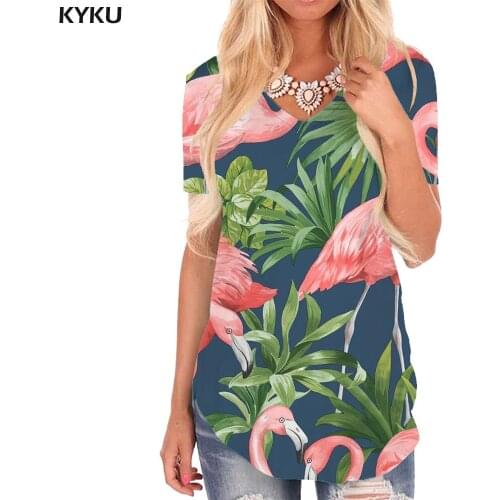 KYKU Flamingo T Shirt Women Animal V-neck Tshirt Leaves T-shirts 3d Painting Tshirts Printed Womens Clothing Fashion Loose New