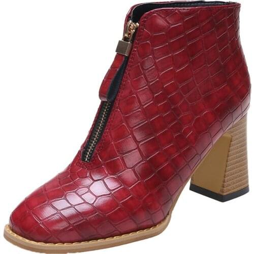 Ladies Square Toe Boots Chunky Heel Pre-zipped Autumn Winter Boots Wine Red With Mid-heel Patent Leather For Women Martin Boots