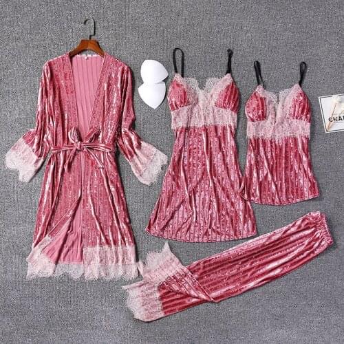 Women Lace 4PCS Velour Pajamas Sets Bride Dressing Kimono Gown Shiny Stripe Sleep Suit Sexy Nightgown Bathrobe Autumn Home Wear