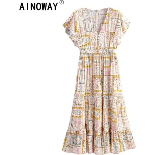 Vintage Chic women Floral print batwing sleeve beach Bohemian maxi dress Ladies V-neck Tassel Summer Boho happie dress vestidos