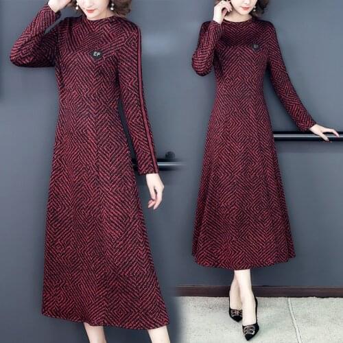 Winter Korean Vintage Casual Striped Maxi Dress 2021 Bodycon Elegant Party Vestidos Autumn Red Knitted 5XL Plus Size Midi Dress