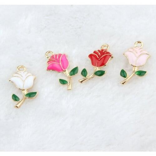 10PCS/Lot Fashion Jewelry Gold Color Tone Rose Flowers Shape Enamel Pendant Charms DIY Bracelet Floating Charms