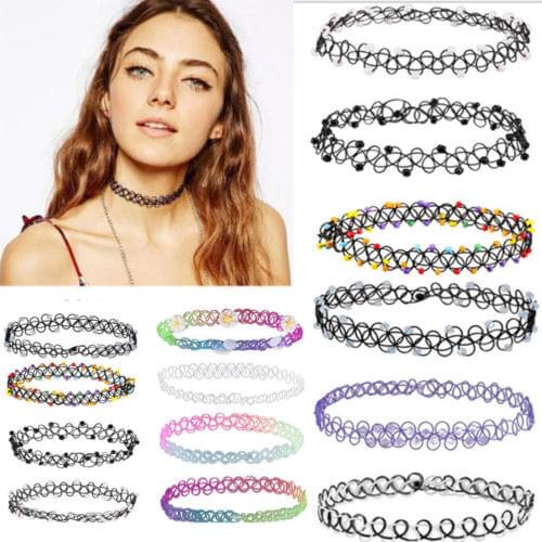 12Pcs Vintage Stretch Choker Necklace Lady Girl Tattoo Choker Necklace Punk Retro Gothic Elastic Pendants