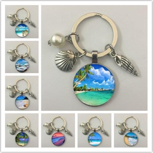 Sea beach shell key chain pendant key ring key chain tree starfish pattern glass cabochon jewelry pendant key chain