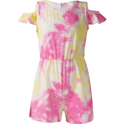 Kids Girls Sport Jumpsuit Tie Dye Print Off Shoulder Short Sleeves High Waist Shorts Bodysuit for Gym Yoga Dance Running Workout
