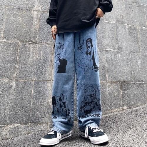 Vintage Washed Jeans Women Streetwear Jeans Harajuku Cartoon Anime Print Jeans Fashion Man Jeans Loose Wide Leg Pants Cotton