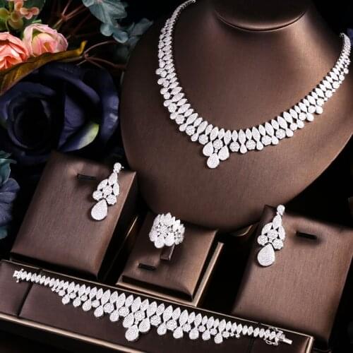 Janekelly Luxury cubic zirconia necklace bracelet earrings and ring 4pcs dubai full jewelry set for women,bridal dress dinner