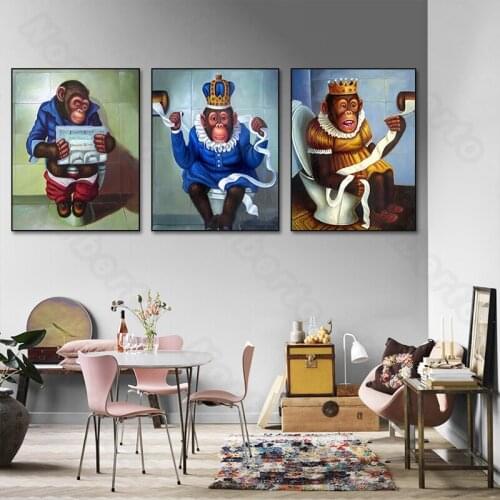 Modern Style Canvas Painting Animals Poster Toilet At Bathroom Gorillas Elephant Dog Bull for Living Room Bedroom Wall Decoratio