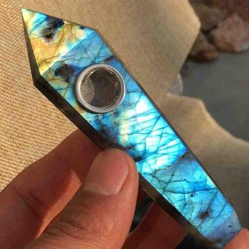 Natural labradorite quartz stone crystal smoking pipe