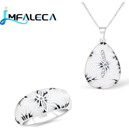 LMFALECA Bride Earrings 925 Sterling Silver Jewelry Set for Women White Enamel Flowers Ring Necklace Box Chain Fine Jewelry