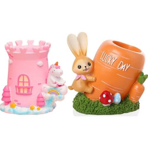 Lovely Rabbit Carrot Resin Ornaments Pen Holder Heart-shaped Castle Unicorn Storage Box Student Desktop Decor Creative Gift