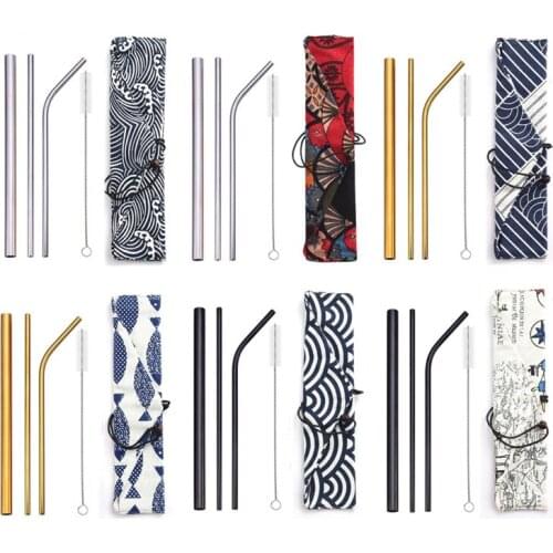 Reusable Metal Drinking Straws 304 Stainless Steel Straw Bent Straight Smoothies Straw with Cleaning Brush Bar Party Accessory