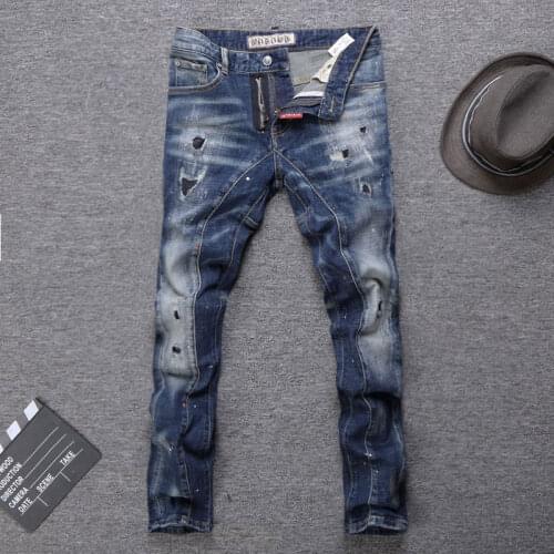 Italian Style Fashion Men Jeans Retro Blue Elastic Slim Ripped Jeans Men Patch Designer Spliced Hip Hop Denim Punk Biker Pants