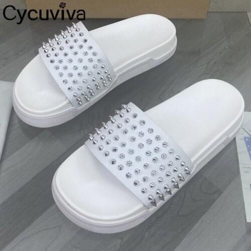 Summer Studded Platform Mules Men Shoes Slip On Peep Toe Flat Beach Slippers Black White Casual Rivet Platform Slides Male Shoes