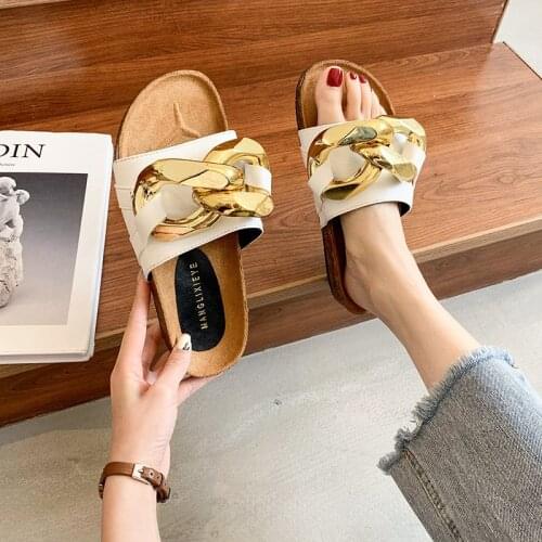 New Metal Chain Leather Flat Mules Slippers Women Brand Casual Shoes Men Runway Half Slippers mujer Extra Big Size 34-45