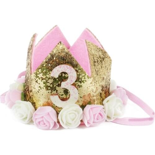 MEIDDING 1 2 3 Kids birth day party hats With flower garland 1st Headband crown Boys girls birthday party decoration Baby shower