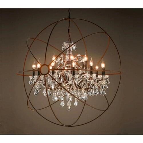 Foucaults Orb Clear K9 Crystal Chandelier Rustic Iron Globe Suspension Handing Lamp Loft Industrial For Living Room Lamp PA0102