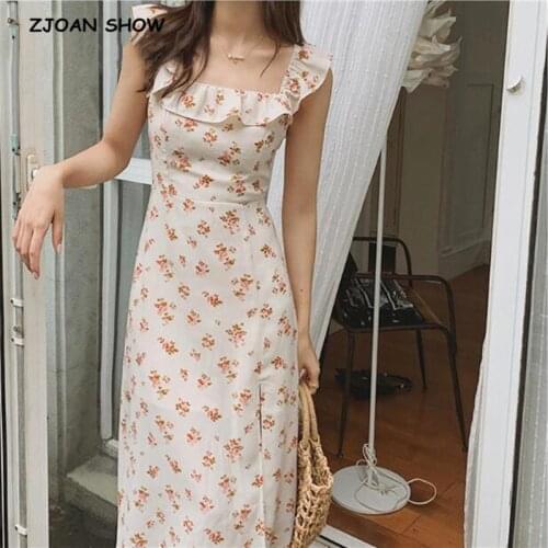 Vintage French Style Spliced Ruffles Women Dress Cream Floral Print Side Slit Sleeveless Dress Sexy Beach Women Party Dress