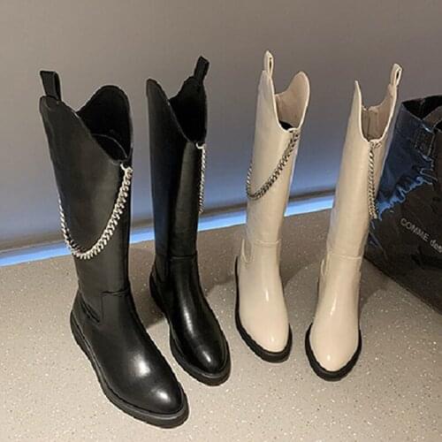 New Women Boots Knee High Boots Square Mid Heels Pointed Toe Shoes Pu Leather Metal Chain Fashion Ladies Footwear Fashion 2021