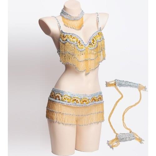 Womens sexy night dance carnival tops chain beaded belly dancing bra belt tribal belly dance costume set belly dancing clothes