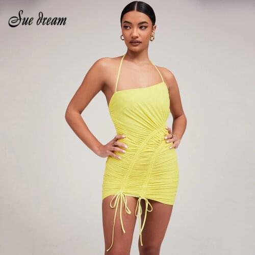 2021 New Summer Womens Sexy Halter Drawstring Pleated Bodycon Mini Dress Fashion Solid Color Club Party Dress