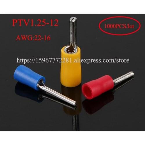 1000PCS Insulated pin terminal PTV1.25-9 AWG22-16 Copper wire connectors automotive cable male female connector plug