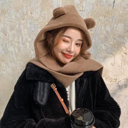 2019 New Trendy Winter Fall 2 in 1 Fashion Women Cute warm Berber Fleece Bear Ear Warm Cap Scarf