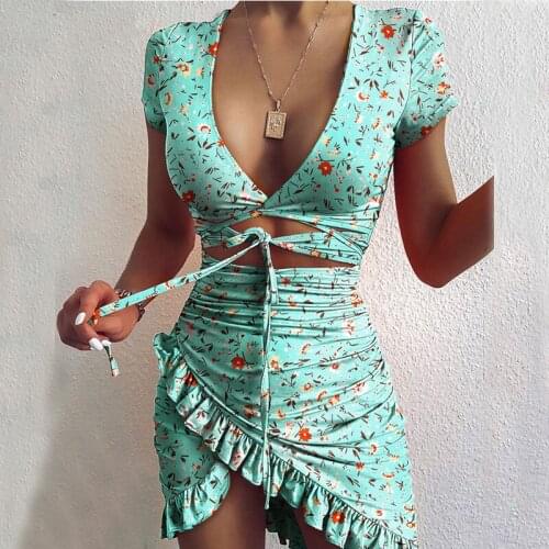 2021 Summer Holiday Mini Dress Floral Print Floral Print V Neck Hollow Out Lace Up Bodycon Ruffles Hem Wrap Short Sleeve Dresses