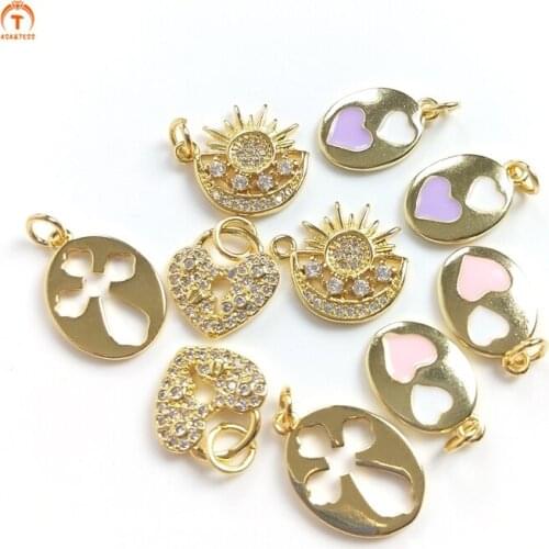 5pcs Twinkle Cubic Zircon Tiny Multiple Oval Pendant Gold Brass Dainty Sun Heart Pendant Necklaces For Women Jewelry Set Making