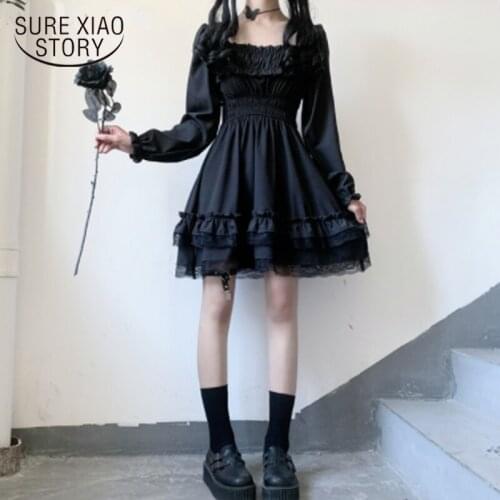 Japanese Lolita Style Princess Black Mini Dress Square Collar High Waist Gothic Dress Puff Sleeve Lace Ruffles Party Dress 13242
