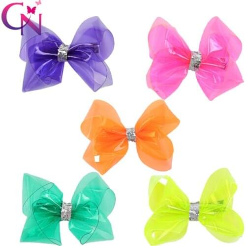 CN 4" Waterproof Jelly Hair Bows With Clips For Girls Glitter Transparent Pool Swim Bows Solid Hairpins Kids Hair Accessories