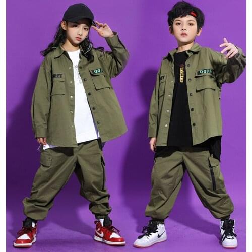 Kid Cool Hip Hop Clothing Army Green Shirt Jacket Top Tee Tactical Cargo Pants for Girls Boys Jazz Dance Costume Clothes Wear