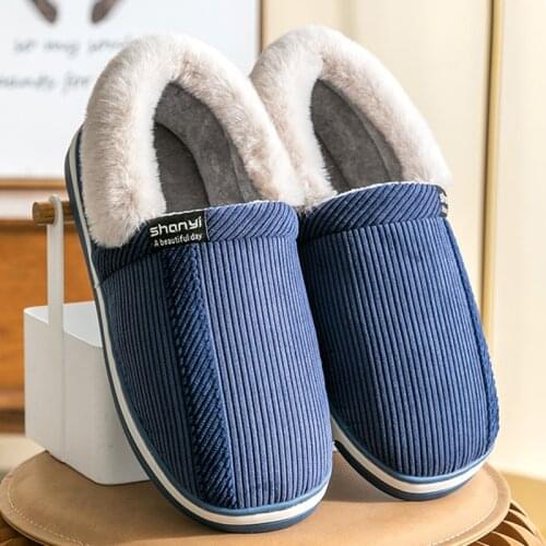 Indoor couple slippers plus size Winter warm cotton Men slippers Home Slippers Simple stripe sewing Furry slippers