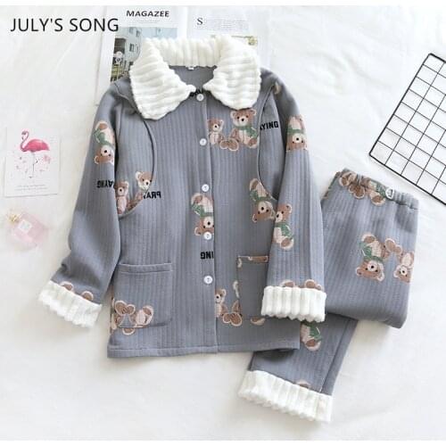 JULYS SONG Cotton Nursing Pajamas Set For Pregnant Women Breastfeeding Nightwear Cute Bear Print Lapel Winter Warm Sleepwear