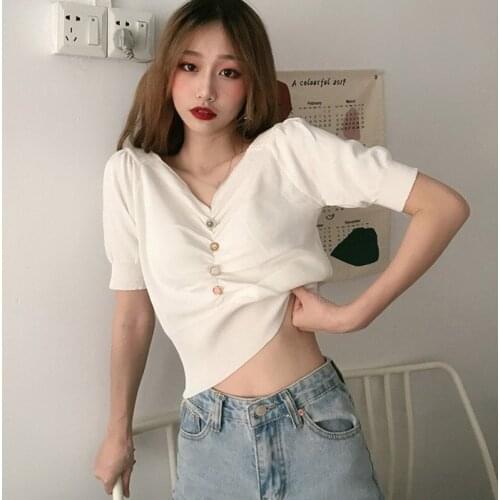 Summer T-shirts Women Solid Color V Neck Pleated Tops Short Sleeve Knitted Casual T Shirt Womens Clothing