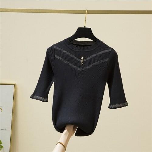 LJSXLS Summer Thin Sweater Women Slim Knitted Half Sleeve Womens Sweaters Solid O-Neck Tops Femme Black Casual Women Clothing